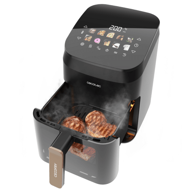 Cecofry&Grill Smokin' 4500 Freidora de aire con doble grill y ahumador para dorado perfecto y sabor de parrilla en carnes, capacidad de 4.5 litros y potencia de 1900 W para platos saludables.