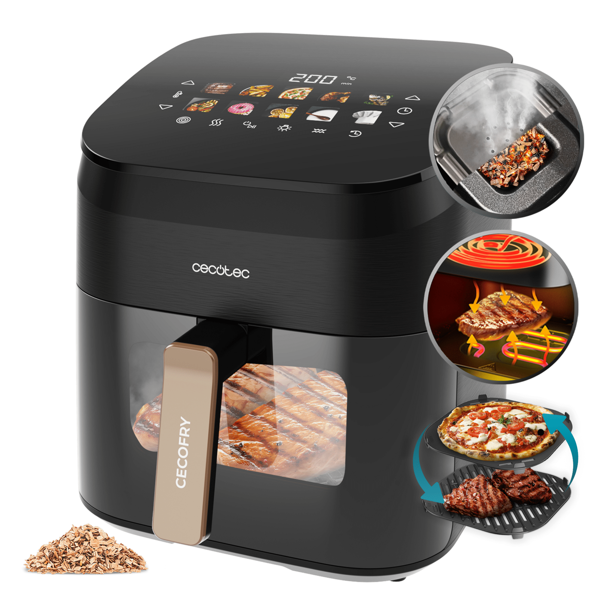 Cecofry&Grill Smokin' 6500 Freidora de aire con doble grill y ahumador para dorado perfecto y sabor de parrilla en carnes, capacidad de 6,5 litros y potencia de 2200 W para platos saludables.