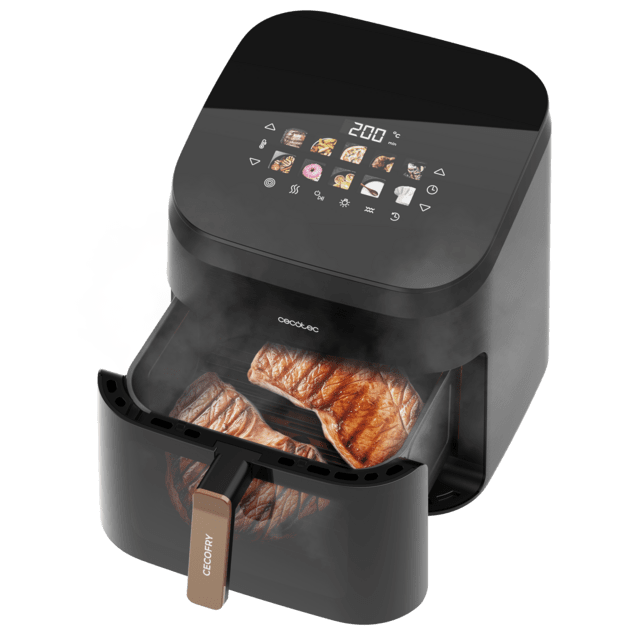 Cecofry&Grill Smokin' 8500 Friggitrice ad aria con doppia resistenza e funzione affumicatore, ideale per una doratura uniforme e un autentico sapore di barbecue sulla carne. Con una capacità di 8,5 litri e una potenza di 2200 W, è perfetta per preparare piatti gustosi e salutari.