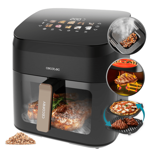 Cecofry&Grill Smokin' 8500 Friggitrice ad aria con doppia resistenza e funzione affumicatore, ideale per una doratura uniforme e un autentico sapore di barbecue sulla carne. Con una capacità di 8,5 litri e una potenza di 2200 W, è perfetta per preparare piatti gustosi e salutari.