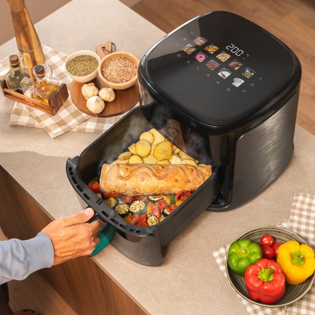 Cecofry&Grill Smokin'Prime 8500 Freidora de aire con doble resistencia para dorado perfecto y sabor de parrilla en carnes, capacidad de 8.5 litros y potencia de 2300 W para platos saludables.