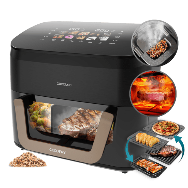 Cecofry&Grill Smokin' 11000 Freidora de aire con triple grill en la parte superior e inferior para dorado perfecto y sabor de parrilla en carnes, ahumador, capacidad de 11 litros, potencia de 2900 W para platos saludables y pared divisoria móvil para optar entre dos cestillos con temperatura dual o convertirse en una sola cubeta.
