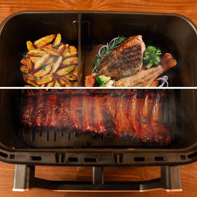 Cecofry&Grill Smokin' 11000 Freidora de aire con triple grill en la parte superior e inferior para dorado perfecto y sabor de parrilla en carnes, ahumador, capacidad de 11 litros, potencia de 2900 W para platos saludables y pared divisoria móvil para optar entre dos cestillos con temperatura dual o convertirse en una sola cubeta.