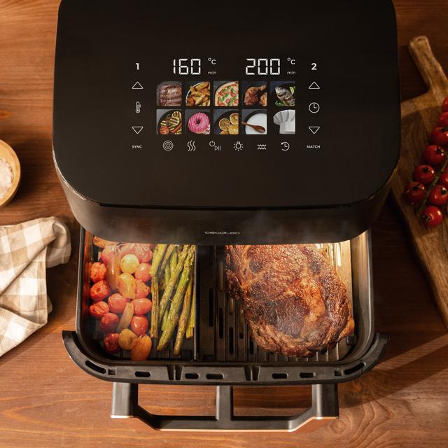 Cecofry&Grill Smokin' 11000 Freidora de aire con triple grill en la parte superior e inferior para dorado perfecto y sabor de parrilla en carnes, ahumador, capacidad de 11 litros, potencia de 2900 W para platos saludables y pared divisoria móvil para optar entre dos cestillos con temperatura dual o convertirse en una sola cubeta.