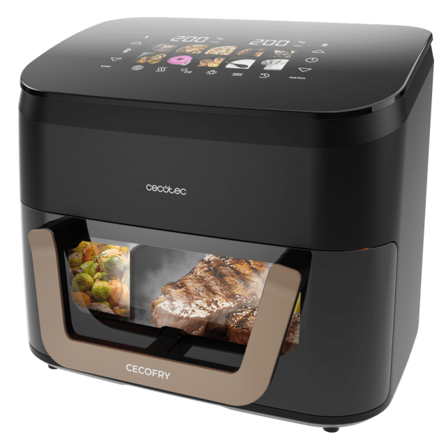 Cecofry&Grill Smokin' 11000 Freidora de aire con triple grill en la parte superior e inferior para dorado perfecto y sabor de parrilla en carnes, ahumador, capacidad de 11 litros, potencia de 2900 W para platos saludables y pared divisoria móvil para optar entre dos cestillos con temperatura dual o convertirse en una sola cubeta.