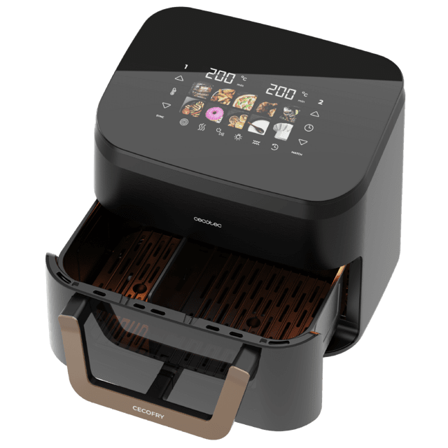 Cecofry&Grill Smokin' 11000 Freidora de aire con triple grill en la parte superior e inferior para dorado perfecto y sabor de parrilla en carnes, ahumador, capacidad de 11 litros, potencia de 2900 W para platos saludables y pared divisoria móvil para optar entre dos cestillos con temperatura dual o convertirse en una sola cubeta.