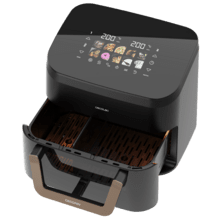 Cecofry&Grill Smokin' 11000 Freidora de aire con triple grill en la parte superior e inferior para dorado perfecto y sabor de parrilla en carnes, ahumador, capacidad de 11 litros, potencia de 2900 W para platos saludables y pared divisoria móvil para optar entre dos cestillos con temperatura dual o convertirse en una sola cubeta.