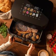 Cecofry&Grill Smokin' 11000 Freidora de aire con triple grill en la parte superior e inferior para dorado perfecto y sabor de parrilla en carnes, ahumador, capacidad de 11 litros, potencia de 2900 W para platos saludables y pared divisoria móvil para optar entre dos cestillos con temperatura dual o convertirse en una sola cubeta.