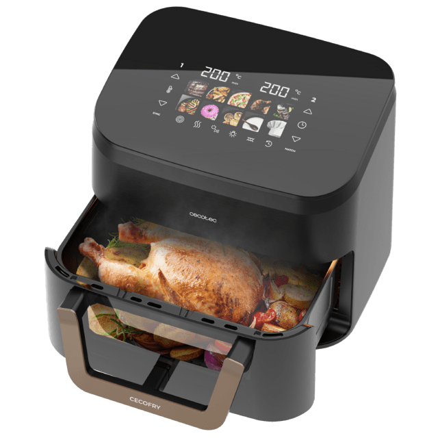 Cecofry&Grill Smokin' 11000 Freidora de aire con triple grill en la parte superior e inferior para dorado perfecto y sabor de parrilla en carnes, ahumador, capacidad de 11 litros, potencia de 2900 W para platos saludables y pared divisoria móvil para optar entre dos cestillos con temperatura dual o convertirse en una sola cubeta.