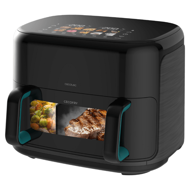Cecofry&Grill Smokin'Prime 11000 Freidora de aire con cuatro resistencias para dorado perfecto y sabor de parrilla en carnes, capacidad de 11 litros, potencia de 2800 W para platos saludables y pared divisoria móvil para optar entre dos cestillos con temperatura dual o convertirse en una sola cubeta.