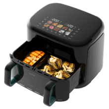 Cecofry&Grill Smokin'Prime 11000 Freidora de aire con cuatro resistencias para dorado perfecto y sabor de parrilla en carnes, capacidad de 11 litros, potencia de 2800 W para platos saludables y pared divisoria móvil para optar entre dos cestillos con temperatura dual o convertirse en una sola cubeta.