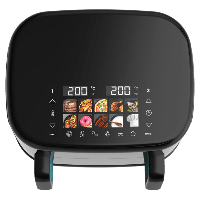 Cecofry&Grill Smokin'Prime 11000 Freidora de aire con cuatro resistencias para dorado perfecto y sabor de parrilla en carnes, capacidad de 11 litros, potencia de 2800 W para platos saludables y pared divisoria móvil para optar entre dos cestillos con temperatura dual o convertirse en una sola cubeta.