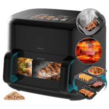 Cecofry&Grill Smokin'Prime 11000 Freidora de aire con cuatro resistencias para dorado perfecto y sabor de parrilla en carnes, capacidad de 11 litros, potencia de 2800 W para platos saludables y pared divisoria móvil para optar entre dos cestillos con temperatura dual o convertirse en una sola cubeta.