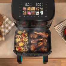Cecofry&Grill Smokin'Prime 11000 Freidora de aire con cuatro resistencias para dorado perfecto y sabor de parrilla en carnes, capacidad de 11 litros, potencia de 2800 W para platos saludables y pared divisoria móvil para optar entre dos cestillos con temperatura dual o convertirse en una sola cubeta.