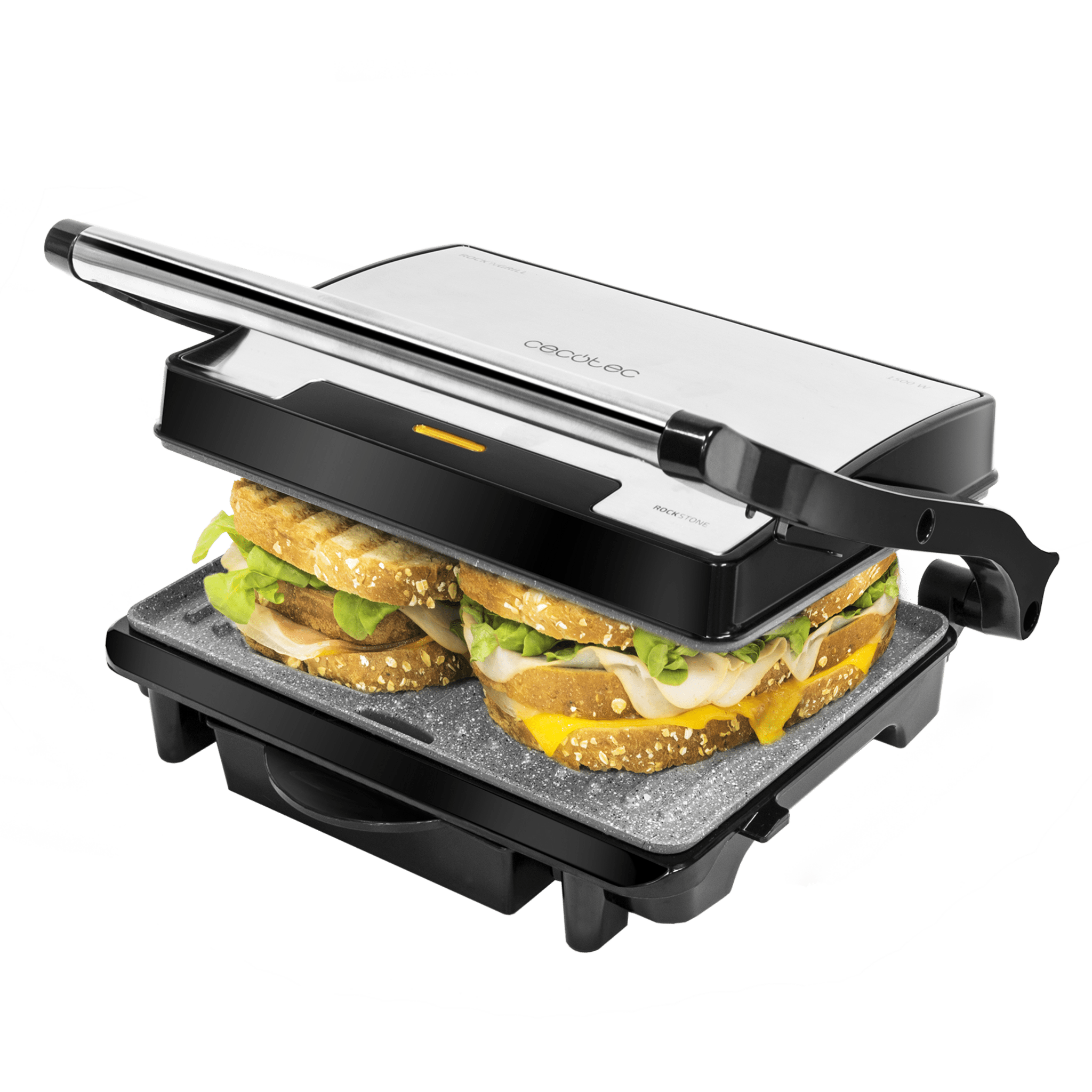 Rock'nGrill Rapid Elektrische Tischgrill und Sandwichmaker mit RockStone Beschichtung aus Stein, höhenverstellbarer oberer Platte, Fettauffangschale und 1500 W Leistung.