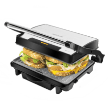 Rock'nGrill Rapid Parrilla eléctrica, plancha y sandwichera con revestimiento de piedra RockStone, placa superior adaptable en altura, bandeja recogegrasas y 1500 W de potencia.