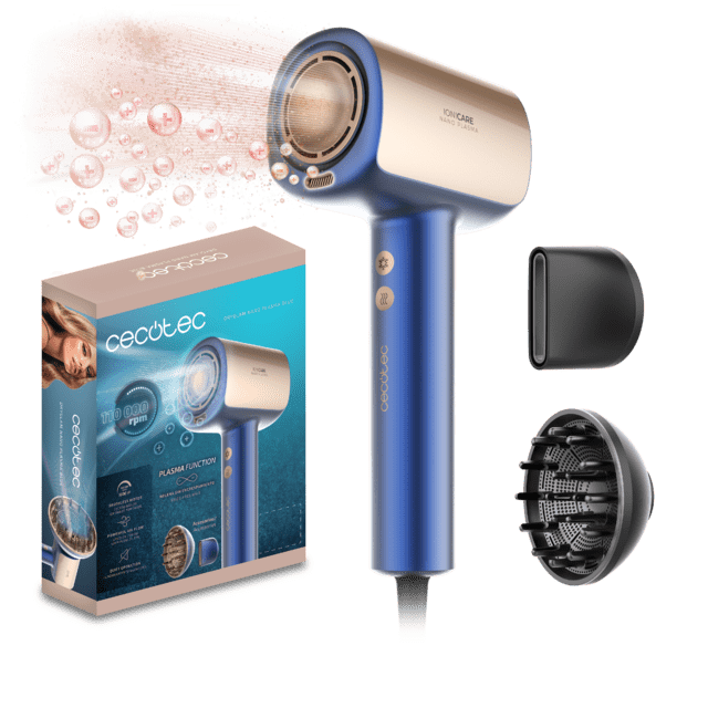 DryGlam Nano Plasma Blue Secador de pelo Brushless de Última Generación, Potencia de 110,000 RPM y 1600W, Función de Plasma, Gran Flujo de Aire, Silencioso y Duradero.