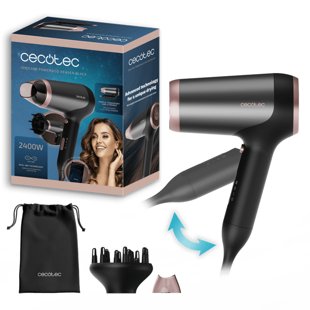 IoniCare Power&Go Heaven Black Secador de pelo DC plegable con tecnología iónica real y pro style que incluye boquilla de precisión, difusor y función de aire frío