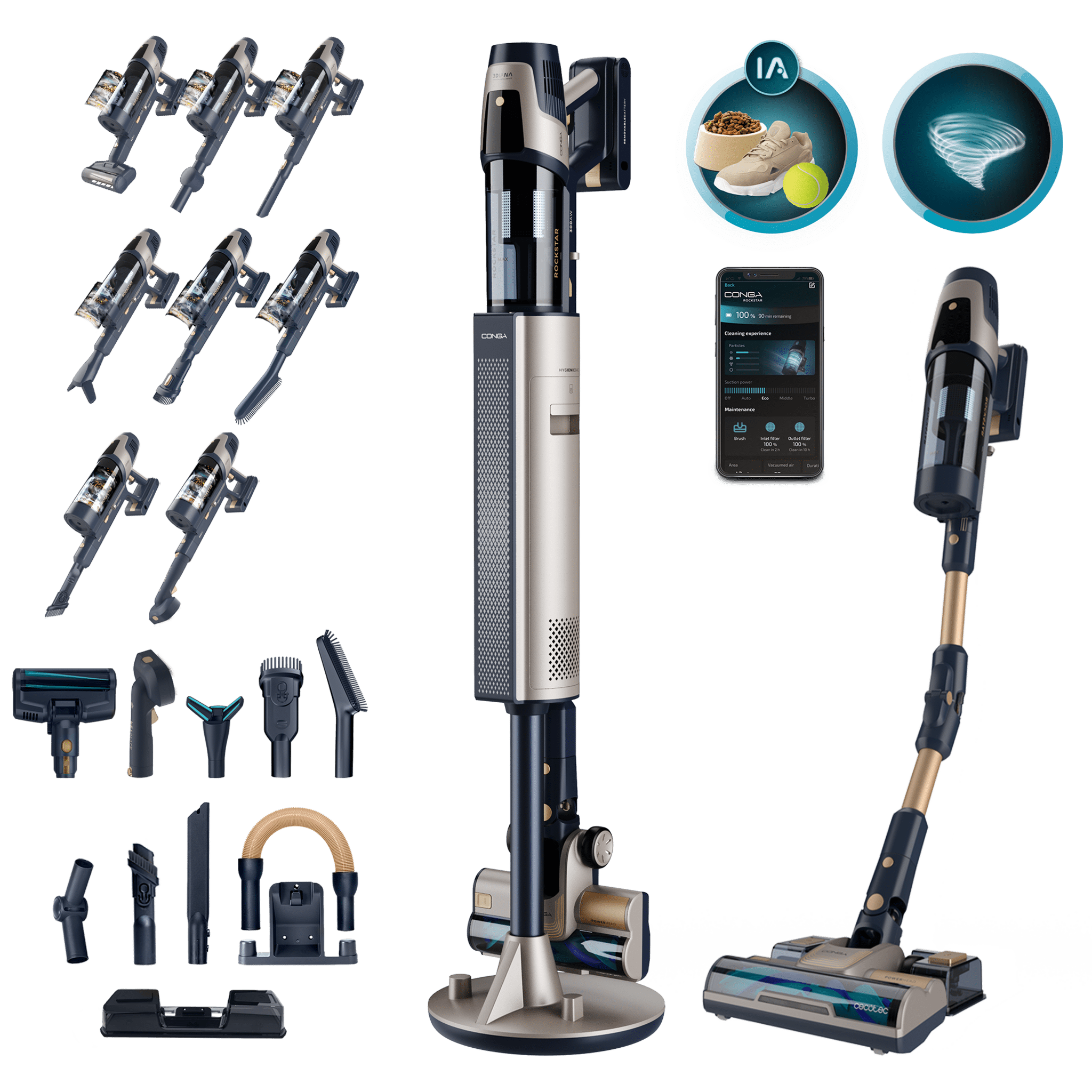 Conga Rockstar 11500 Odyssey Station Connected IA Aspirateur-balai avec base de vidange automatique. 300 aW et 850 W. Tube flexible. Intelligence artificielle et compteur de particules. APP. Brosse pour animaux et accessoire de nettoyage WaterTank.