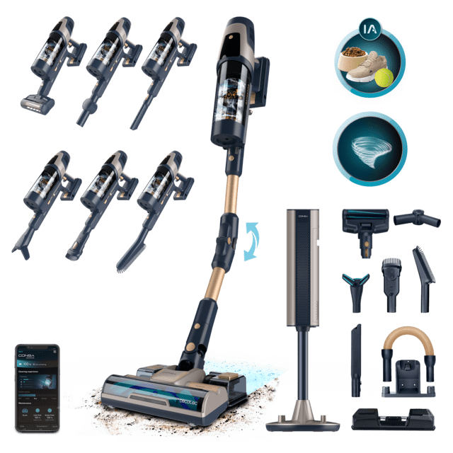 Conga Rockstar 11500 Odyssey Station Connected IA Aspirateur balai avec base auto-vidante. 300 AW et 850 W. Tube flexible. Intelligence artificielle et compteur de particules. APP. Brosse pour animaux et accessoire de nettoyage WaterTank.