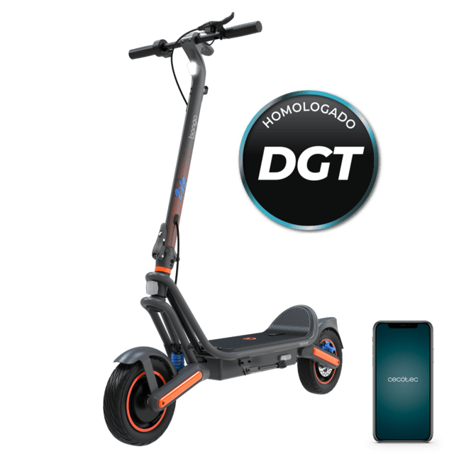 Bongo GS65 2x2 XXL Connected Patinete eléctrico con base ultrawide, doble suspensión, doble motor, potencia máxima de 1000W y neumáticos de 10" que permite desplazarse cómodamente por cualquier superficie. Con autonomía de hasta 65 km. Cumple con todos los requisitos de la normativa española de circulación. (DGT)