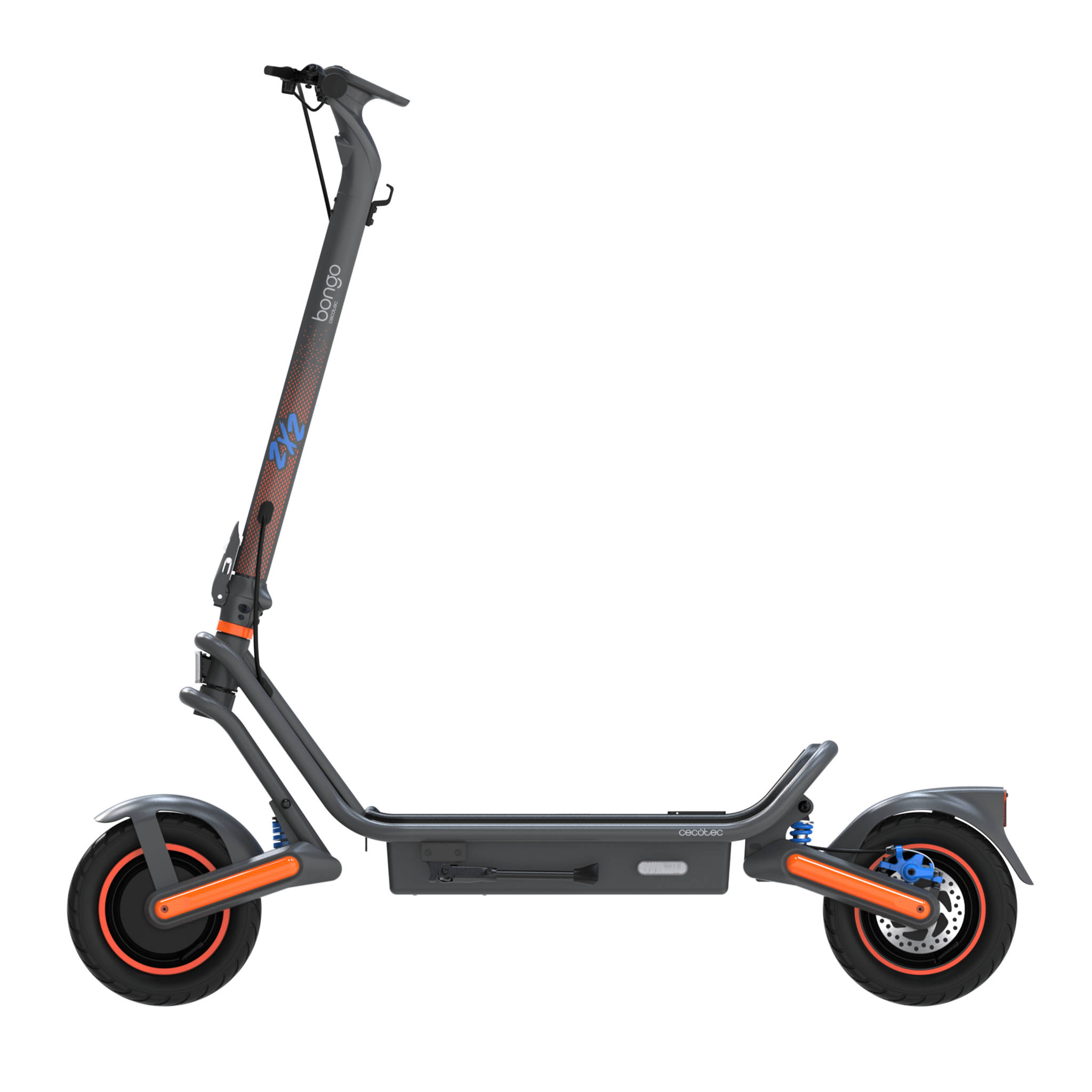 Bongo GS65 2x2 XXL Connected Patinete eléctrico con base ultrawide, doble suspensión, doble motor, potencia máxima de 1000W y neumáticos de 10" que permite desplazarse cómodamente por cualquier superficie. Con autonomía de hasta 65 km. Cumple con todos los requisitos de la normativa española de circulación. (DGT)