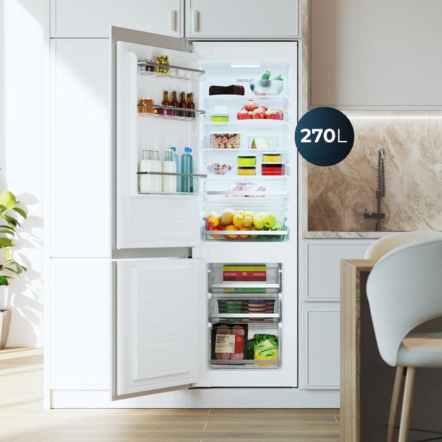 Bolero CoolMarket Combi BI-S DF 270 E Frigorífico combi integrable de 270 litros con puerta deslizante, cajones y estantes de cristal, Defrost, alarma de puerta, Crisper Box, 177x54 cm, Clase Energética E.