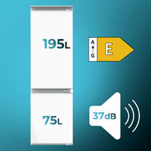 Bolero CoolMarket Combi BI-S DF 270 E 270 Liter Einbau-Kombikühlschrank mit Schiebetür, Glasschubladen und -ablagen, Abtaufunktion, Türalarm, Gemüsefach, 177 x 54 cm, Energieklasse E.