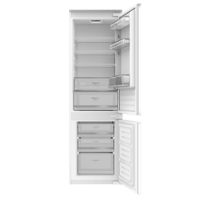 Bolero CoolMarket Combi BI-S DF 270 E 270 Liter Einbau-Kombikühlschrank mit Schiebetür, Glasschubladen und -ablagen, Abtaufunktion, Türalarm, Gemüsefach, 177 x 54 cm, Energieklasse E.