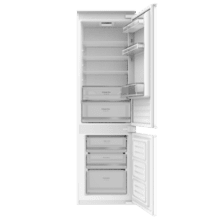 Bolero CoolMarket Combi BI-S DF 270 E 270 Liter Einbau-Kombikühlschrank mit Schiebetür, Glasschubladen und -ablagen, Abtaufunktion, Türalarm, Gemüsefach, 177 x 54 cm, Energieklasse E.