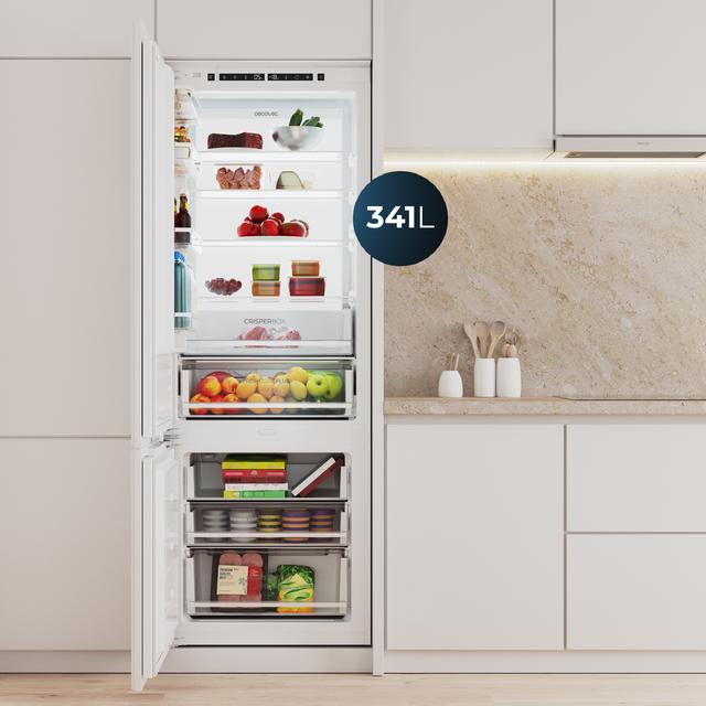 Réfrigérateur combiné intégré Bolero CoolMarket Combi BI-D FLW 341 E avec porte fixe, 341 L, Total NoFrost, Full LED Wall, Fresh Zone Plus, taille XL avec compresseur Inverter Plus, refroidissement rapide et congélation rapide, mode vacances, mode intelligent, classe E et 193,7 x 69 cm.