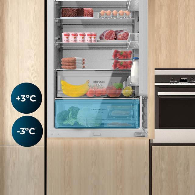 Bolero CoolMarket Combi BI-D FLW 341 E Frigorífico Combi Integrable de puerta fija, 341L, Total NoFrost, Full LED Wall, Fresh Zone Plus, Tamaño XL con Compresor Inverter Plus, Fast Cooling y Fast Freezing, Modo Vacaciones, Modo Smart, Clase E y 193,7x69cm.