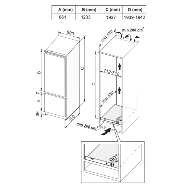 Bolero CoolMarket Combi BI-D FLW 341 E Frigorífico Combi Integrable de puerta fija, 341L, Total NoFrost, Full LED Wall, Fresh Zone Plus, Tamaño XL con Compresor Inverter Plus, Fast Cooling y Fast Freezing, Modo Vacaciones, Modo Smart, Clase E y 193,7x69cm.