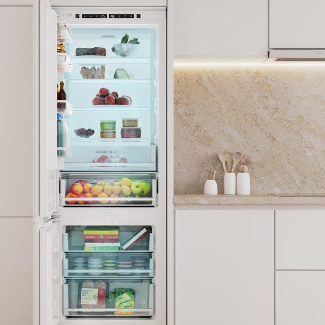 Réfrigérateur combiné intégré Bolero CoolMarket Combi BI-D FLW 341 E avec porte fixe, 341 L, Total NoFrost, Full LED Wall, Fresh Zone Plus, taille XL avec compresseur Inverter Plus, refroidissement rapide et congélation rapide, mode vacances, mode intelligent, classe E et 193,7 x 69 cm.