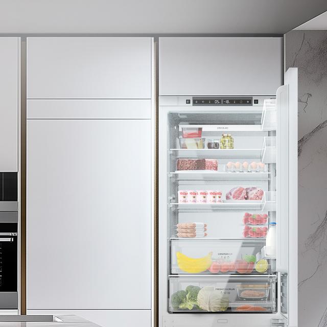 Bolero CoolMarket Combi BI-D FLW 341 E Frigorífico Combi Integrable de puerta fija, 341L, Total NoFrost, Full LED Wall, Fresh Zone Plus, Tamaño XL con Compresor Inverter Plus, Fast Cooling y Fast Freezing, Modo Vacaciones, Modo Smart, Clase E y 193,7x69cm.