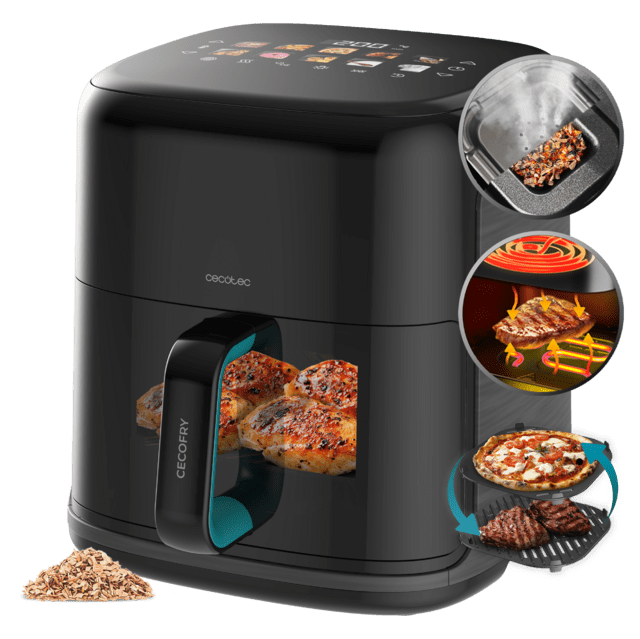 Cecofry&Grill Smokin'Prime 6500 Freidora de aire con doble resistencia para dorado perfecto y sabor de parrilla en carnes, capacidad de 6,5 litros y potencia de 2200 W para platos saludables.