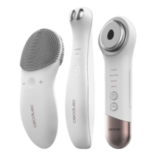 FaceCare SkinRoutine SkinRoutine, die einen Gesichtsreiniger, ein Gerät gegen dunkle Augenringe und ein Lichttherapie-Massagegerät sowie ein Stirnband- und Armband-Set umfasst.