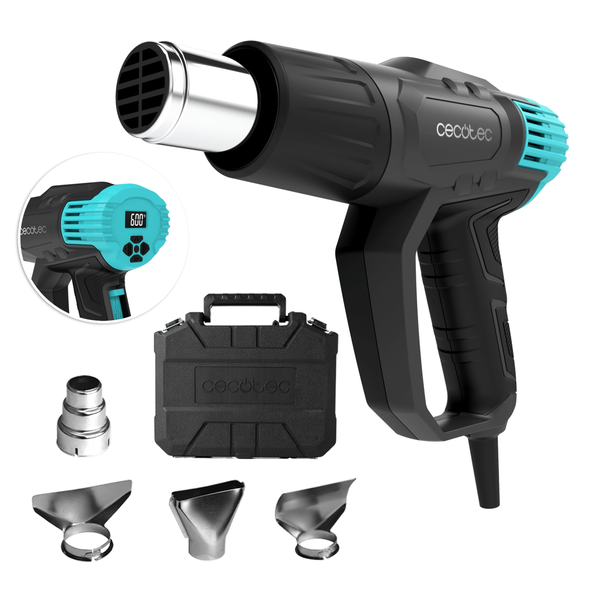 Hell Gun 9500 Vision Pistola de calor con 2000W de potencia. Control digital de la velocidad de aire y temperatura. Rango de temperatura de 50ºC a 600ºC. Incluye 4 cabezales intercambiables y maletín. Calentamiento ultrarrápido.