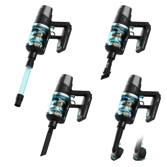 Aspirador vertical Conga Rockstar 9500 Lunar Pet Flex com potência máxima de sucção de 300 AW e ultrapotência de 780 W. 90 minutos de autonomia. Escova anti-emaranhado HairLess. Tubo flexível e kit de acessórios completo. Inclui escova de animais.