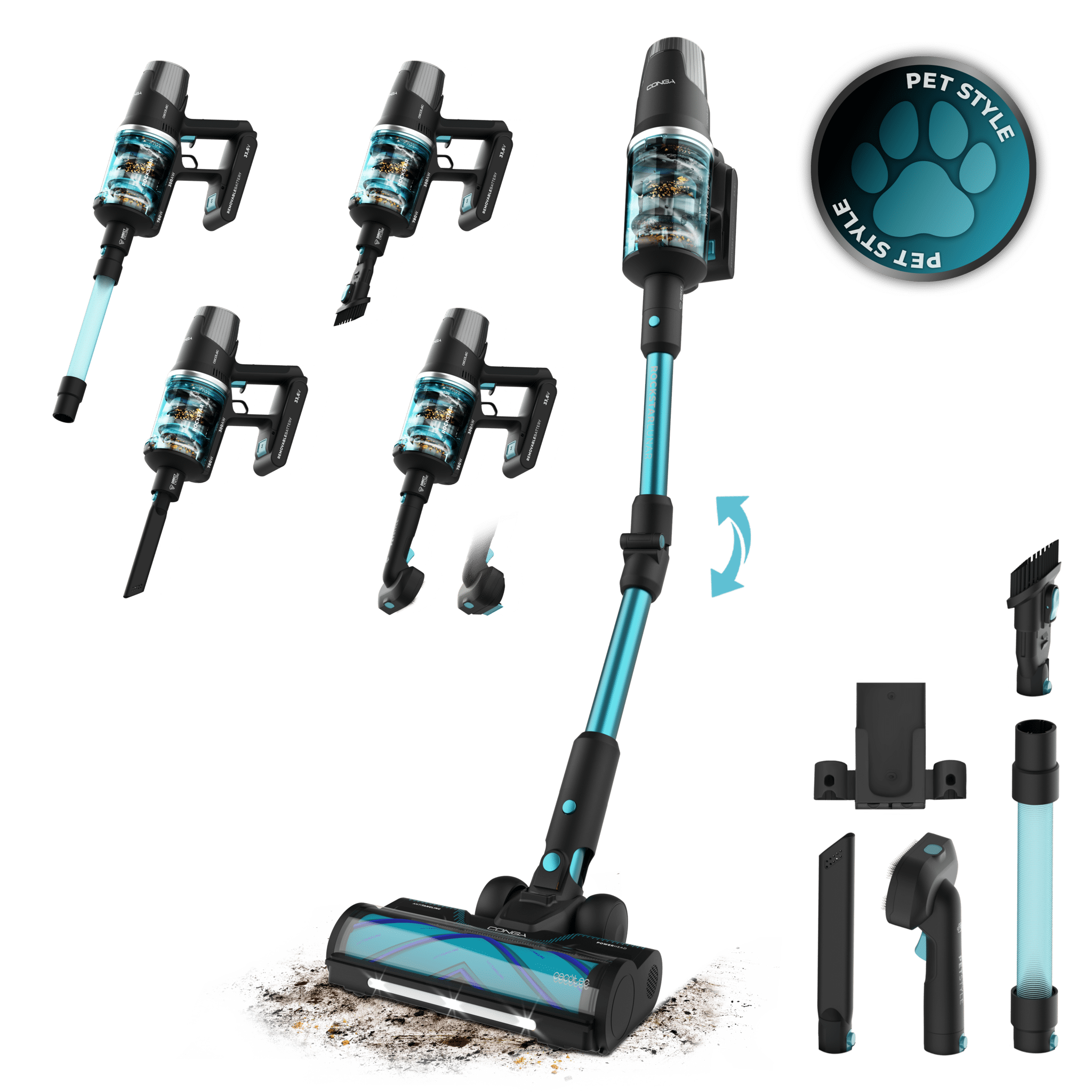 Conga Rockstar 9500 Lunar Pet Flex Aspirateur vertical avec Puissance d'aspiration maximale de 300 AW et ultra puissance de 780 W. Autonomie de 90 minutes. Brosse anti-emmêlement HairLess. Flexible et kit complet d'accessoires. Brosse pour animaux incluse.