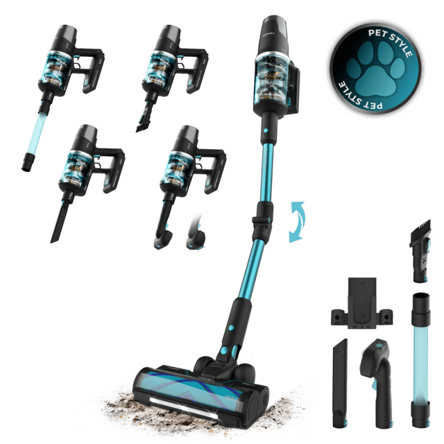 Aspirapolvere verticale Conga Rockstar 9500 Lunar Pet Flex con potenza di aspirazione massima di 300 AW e ultrapower di 780 W. 90 minuti di autonomia. Spazzola antigroviglio HairLess. Tubo flessibile e kit accessori completo. Include spazzola per animali.