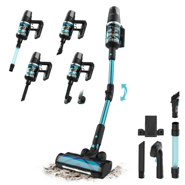 Aspirapolvere verticale Conga Rockstar 9500 Lunar Pet Flex con potenza di aspirazione massima di 300 AW e ultrapower di 780 W. 90 minuti di autonomia. Spazzola antigroviglio HairLess. Tubo flessibile e kit accessori completo. Include spazzola per animali.