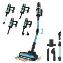 Aspirador vertical Conga Rockstar 9500 Lunar Pet Flex com potência máxima de sucção de 300 AW e ultrapotência de 780 W. 90 minutos de autonomia. Escova anti-emaranhado HairLess. Tubo flexível e kit de acessórios completo. Inclui escova de animais.