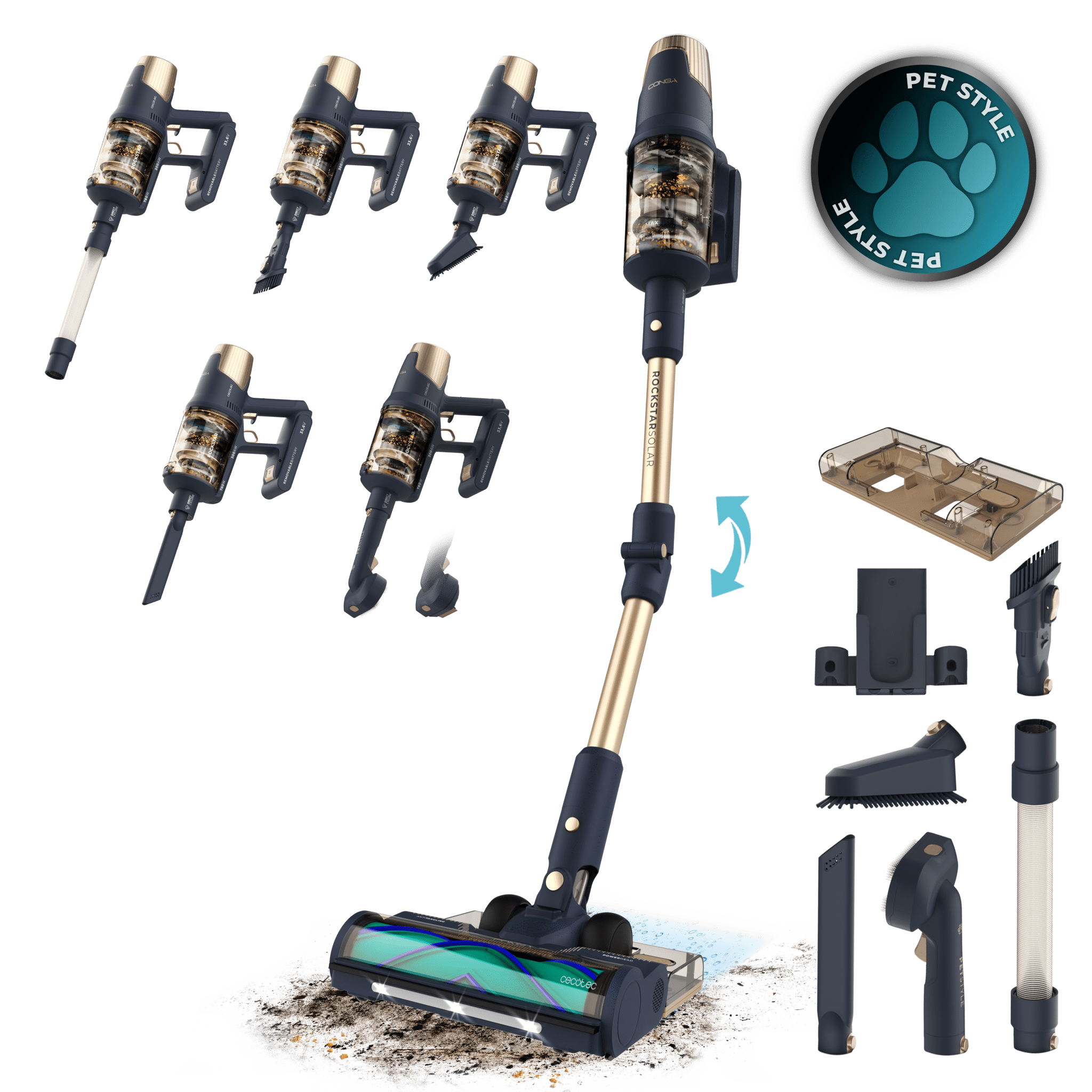 Conga Rockstar 10500 Solar AquaPet Flex Aspirateur-balai Conga Rockstar 9500 Lunar Pet Flex. Puissance d'aspiration maximale de 300 aW et ultra-puissance de 780 W. Autonomie de 100 minutes. Brosse anti-nœuds HairLess. Tube flexible et kit complet d'accessoires. Inclus : brosse pour animaux et accessoire de nettoyage.