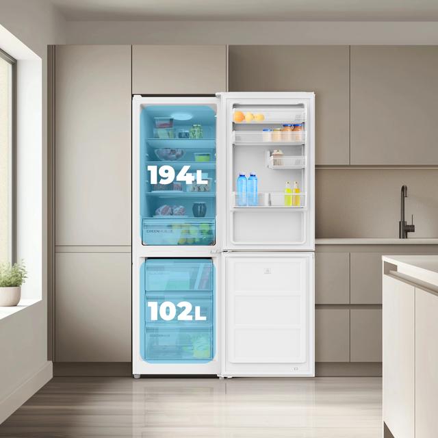 Bolero CoolMarket Combi 296 DF White Frigorífico combi en blanco con función DeFrost de 185x60cm, Volumen de conservación de 296 Litros, Iluminación interior y Cajón para frutas y verduras.