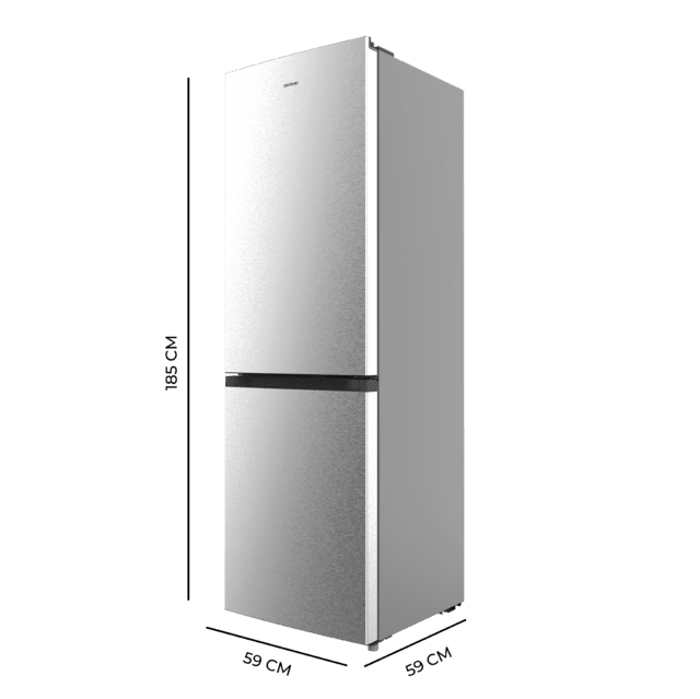 Bolero CoolMarket Combi 296 DF Inox Frigorífico combi en inox con función DeFrost de 185x60cm, Volumen de conservación de 296 Litros, Iluminación interior y Cajón para frutas y verduras.