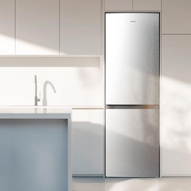 Bolero CoolMarket Combi 296 DF Inox Frigorífico combi en inox con función DeFrost de 185x60cm, Volumen de conservación de 296 Litros, Iluminación interior y Cajón para frutas y verduras.