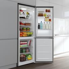 Bolero CoolMarket Combi 296 DF Inox Frigorífico combi en inox con función DeFrost de 185x60cm, Volumen de conservación de 296 Litros, Iluminación interior y Cajón para frutas y verduras.