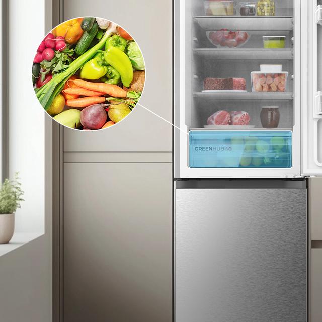 Bolero CoolMarket Combi 296 DF Inox Frigorífico combi en inox con función DeFrost de 185x60cm, Volumen de conservación de 296 Litros, Iluminación interior y Cajón para frutas y verduras.
