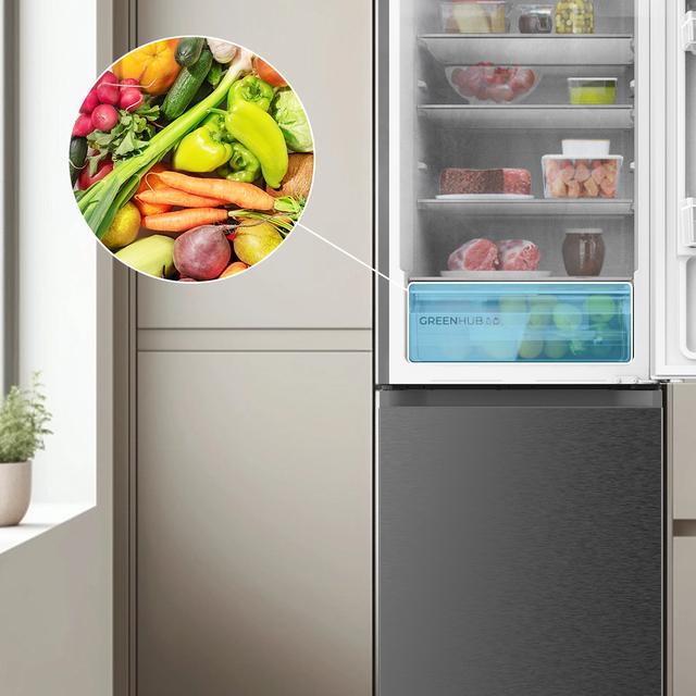 Bolero CoolMarket Combi 296 DF Dark Frigorífico combi en inox oscuro con función DeFrost de 185x60cm, Volumen de conservación de 296 Litros, Iluminación interior y Cajón para frutas y verduras.
